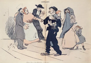 子供の家族と教会、国家、フリーメーソンの間の子供のための闘争、「L&39;Assiette au Beurre」の風刺画、1907